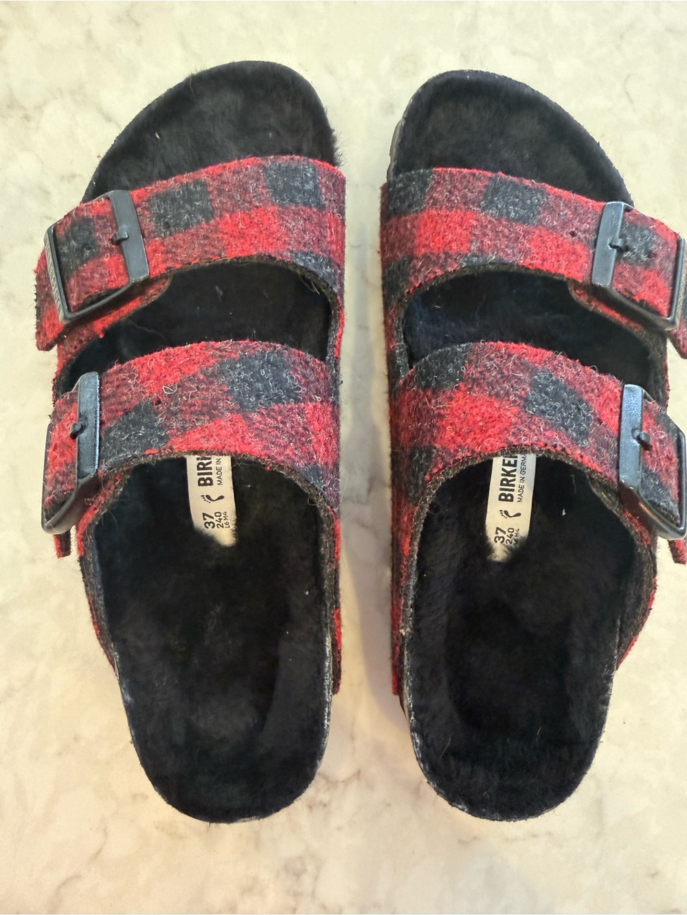 Birkenstock Red and Black Plaid Two-Strap Sandals
